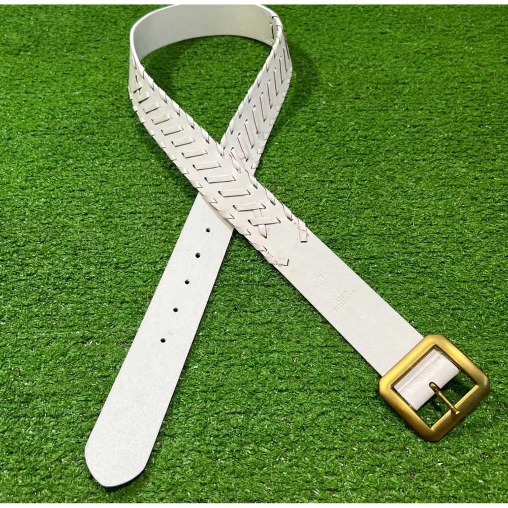 Lauren Ralph Lauren White Woven Leather Belt Brass Buckle Large 412593615-003